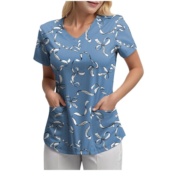 NIEWTR Women's V Neck Patterned Scrub Tops Breathable Medical Work Tunics with Pockets Stretch Fabric(Blue,2XL)
