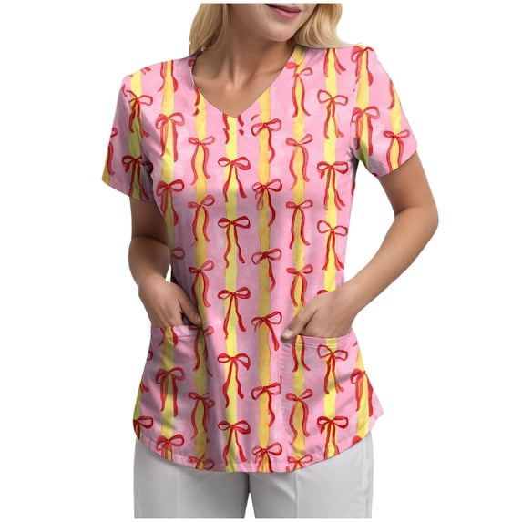 NIEWTR Women's V Neck Patterned Scrub Tops Breathable Medical Work Tunics with Pockets Stretch Fabric(Yellow,S)