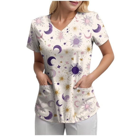 NIEWTR Women's V Neck Patterned Scrub Tops Durable Summer Tees Medical Nurse Uniforms with Pockets(Beige,L)