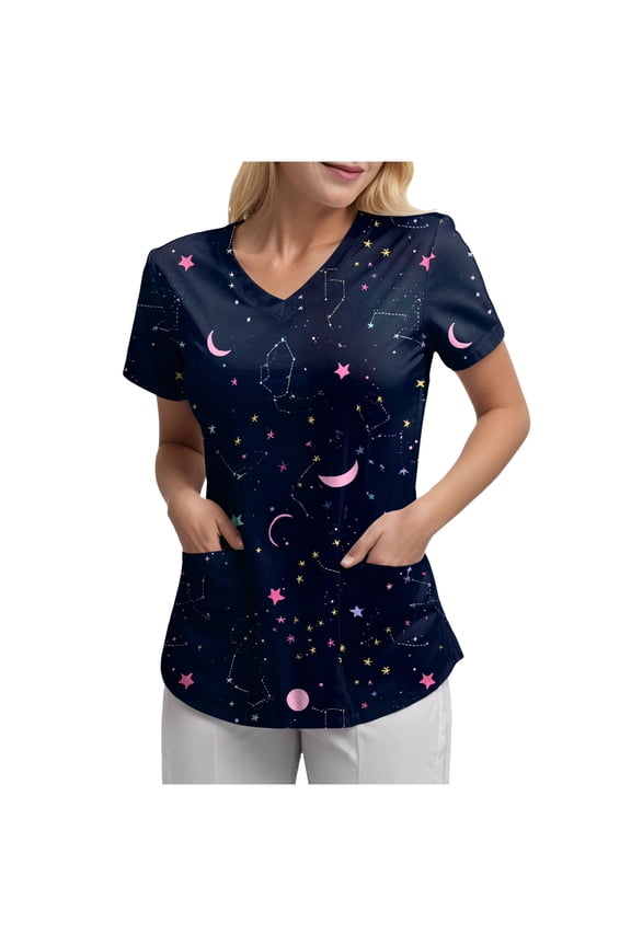 Women's V Neck Patterned Scrub Tops Durable Summer Tees Medical Nurse Uniforms with Pockets(Dark Blue,L)