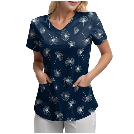 NIEWTR Women's V Neck Patterned Scrub Tops Durable Summer Tees Medical Nurse Uniforms with Pockets(Navy,2XL)