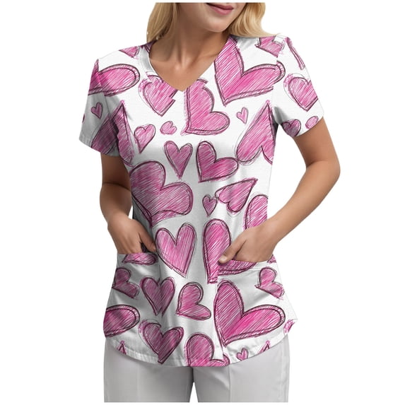 NIEWTR Women's V Neck Patterned Scrub Tops Durable Summer Tees Medical Nurse Uniforms with Pockets(Pink,L)