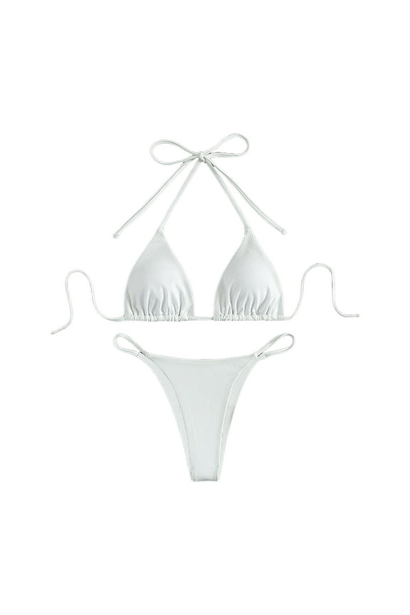 WomenTriangle Top Side Tie Bottom Bikini White Polyester Spandex (S)