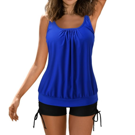 NIEWTR Womens 2Pcs Tankini Sets Bathing Suits Tummy Control Swimwear Plus Size Swimsuits with Shorts(Blue,XXL)