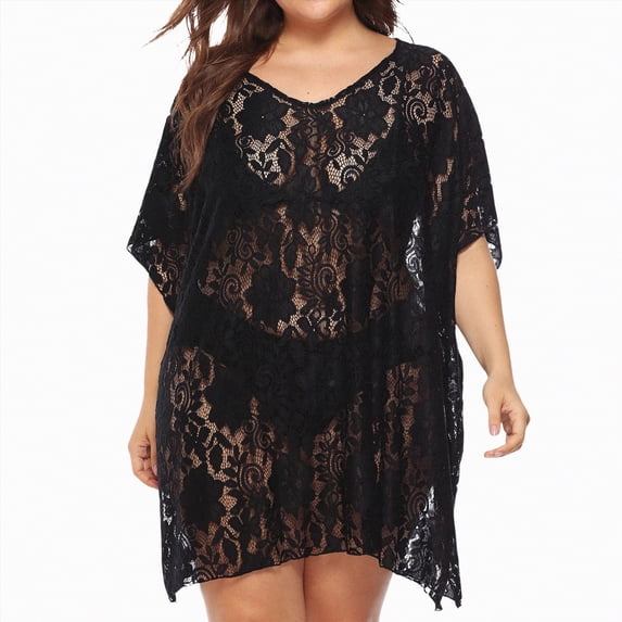 NIEWTR Womens Beach Cover Up Mid Length Sleeve Dress Loose Bathing Suit Coverup for Daily Wear(Black,4XL)