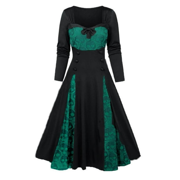 NIEWTR Womens Gothic Dress, Plus Size Renaissance Vintage Maxi Dress, Long Sleeve Splicing Solid Retro Gown Button Irregular Dress(M,Green)