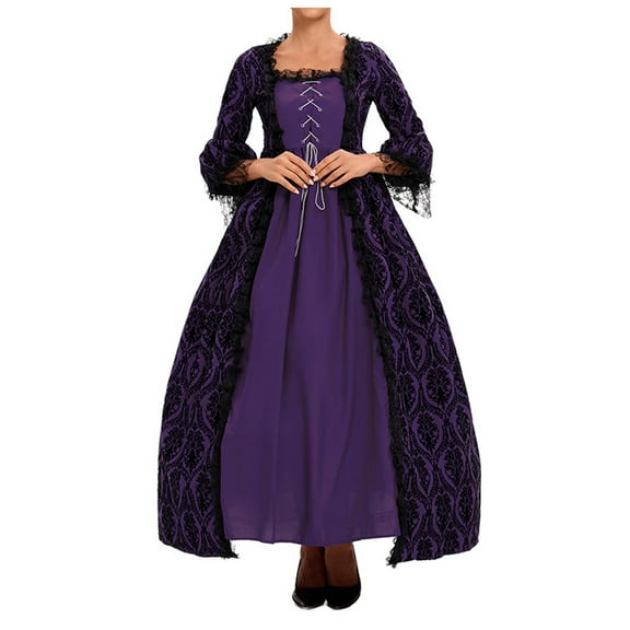 NIEWTR Womens Gothic Witch Vampire Dress, Plus Size Renaissance Vintage Maxi Dress, Long Sleeve Splicing Solid Retro Gown Button Irregular Dress(XL,Purple)