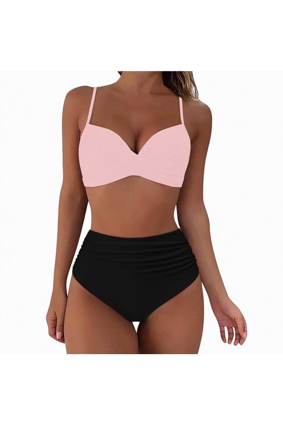 Womens High Waisted Bikini Tummy Control 2 Piece Bathing Suit Mesh Modest Two Piece Swimsuit(Pink,L)