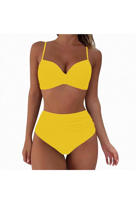Womens High Waisted Bikini Tummy Control 2 Piece Bathing Suit Mesh Modest Two Piece Swimsuit(Yellow,M)