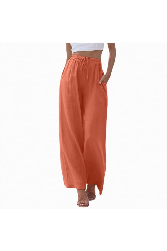 Womens High Waisted Linen Pants Elastic Drawstring Wide Leg Casual Boho Summer Palazzo Trousers(A01-Orange,L)
