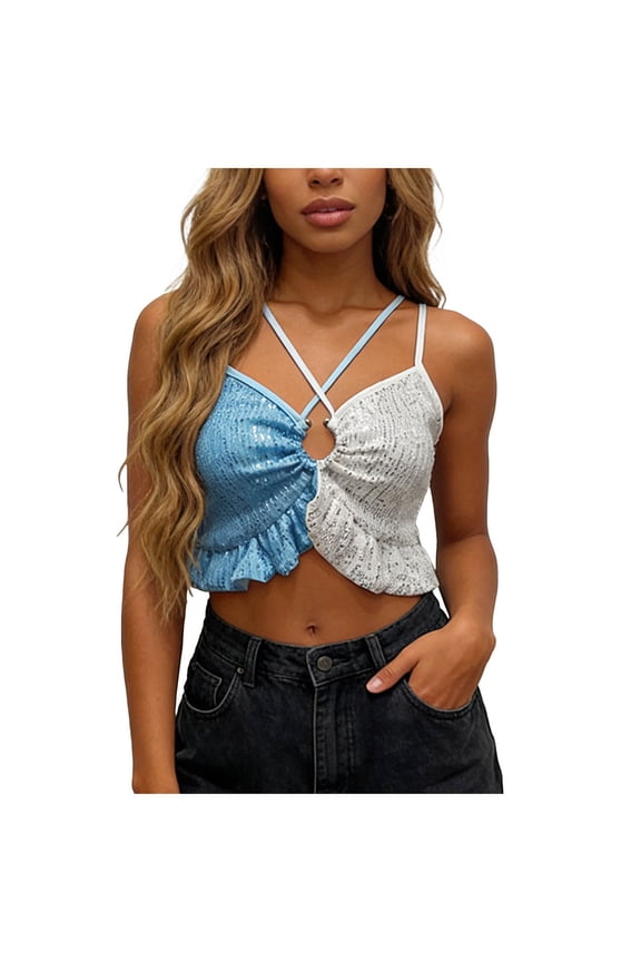 Womens Lace Leather Sexy Patent Leather Lace Strap Chest Cup Brooch Lace Line Lingerie Unlined Womens Tank Summer Tank (L,A225-Light Blue)