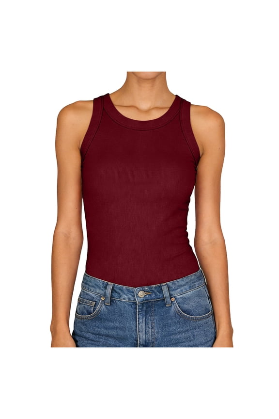 Womens Tank Tops High Neck Sleeveless Ribbed Tank Casual Basic Thick Strap Slim Fitted Racerback Shirts Womens Tank Summer Tank (S,A148-Wine)