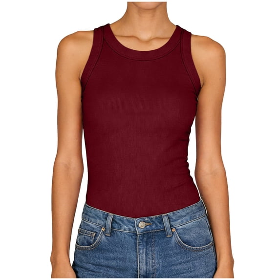 NIEWTR Womens Tank Tops High Neck Sleeveless Ribbed Tank Casual Basic Thick Strap Slim Fitted Racerback Shirts Womens Tank Summer Tank (XXL,A148-Wine)