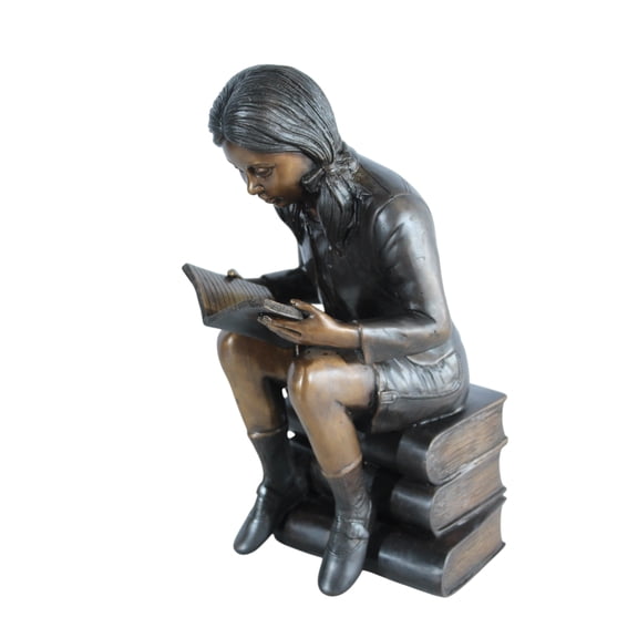 NIFAO Bronze Girl Reading Statue on Book Stack Library Sculpture Art 8" x 6" x 15"H