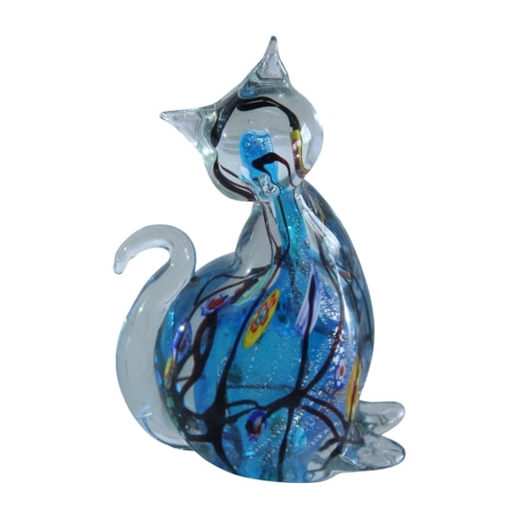 NIFAO Glass Cat Figurine Hand Blown Blue Millefiori Art Decor 5" x 3" x 7"H