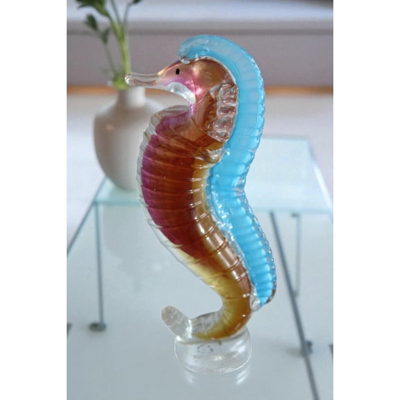 NIFAO Glass Seahorse Figurine Hand Blown Art Glass Coastal Decor 4" x 4" x 10"H