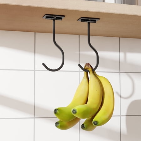 NIFFGAFF 2-Pack Self Adhesive Banana Hook, Metal Banana Hanger Hook,Under Cabinet Hook For Bananas Or Kitchen Items, Foldable Banana Hook, Keep Bananas Fresh, Black