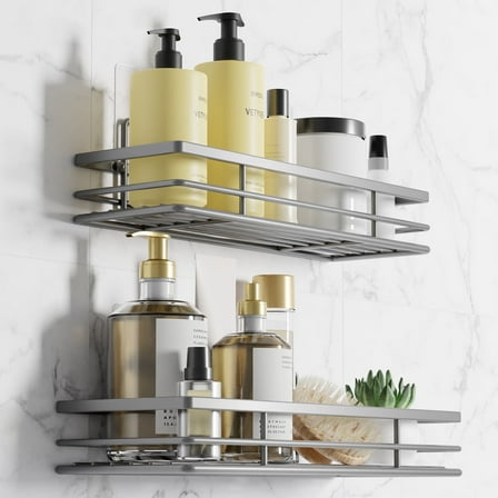 2 Pack Shower Caddies Bathroom Organizer Shower Basket No Drilling Wall Mounted Shower Rack Gray with Self-Adhesive Shower Bathroom Shelves for Soap and Shower Gel Stainless Steel