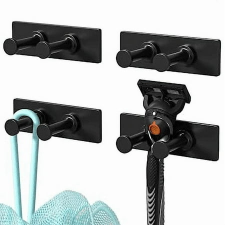 NIFFGAFF 4-Pack Shower Hooks for Wall, Extra Sticky Stainless, Razor Holder Wall Mounted, Shower Accessories, Self-Adhesive Double Hooks for Razor, Matt Black