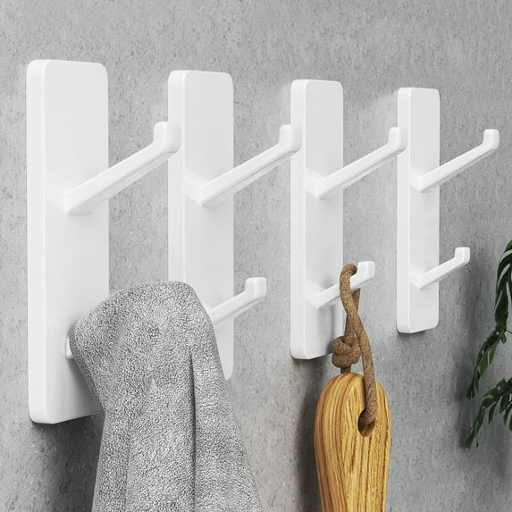 NIFFGAFF 4-Pack White Adhesive Hooks,Sticky Hooks Extra Strong,Heavy Duty Stick On Wall Hooks,Wall Hanging Hooks,Bathroom Towel Hooks,Coat Hooks Robe Hook Wall Mounted,Kitchen Hallway Hooks
