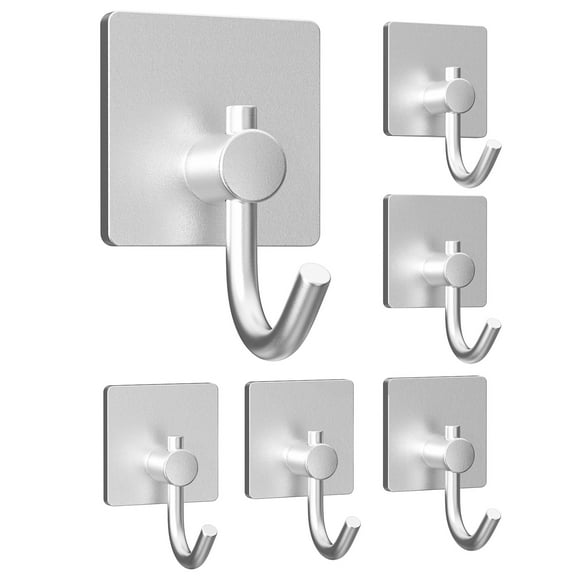 NIFFGAFF 6 Pack Silver Self Adhesive Hooks, Heavy Duty, Stick On Wall and Door Hooks
