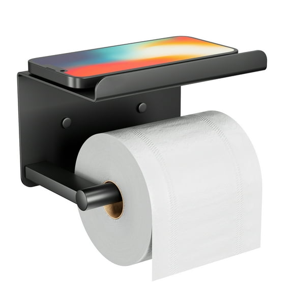 NIFFGAFF Adhesive Toilet Paper Holder with Phone Shelf, Wall Mounted Toilet Paper Roll Holder, Rustproof Bathroom Tissue Roll Holder with Shelf, Sticky Toilet Paper Roll Holder-Black