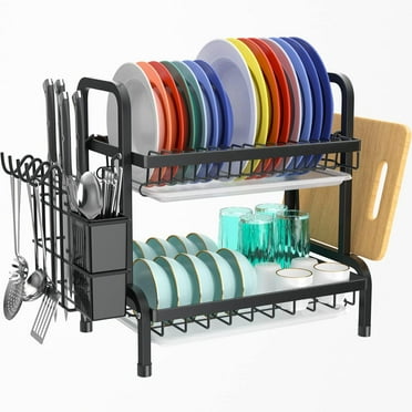 NIFFGAFF Dish Drainer Black, 2-Tier Dish Drainer Stainless Steel Dish Drainer with Utensil Holder and Drip Tray (20.9*9.3*15.4in)