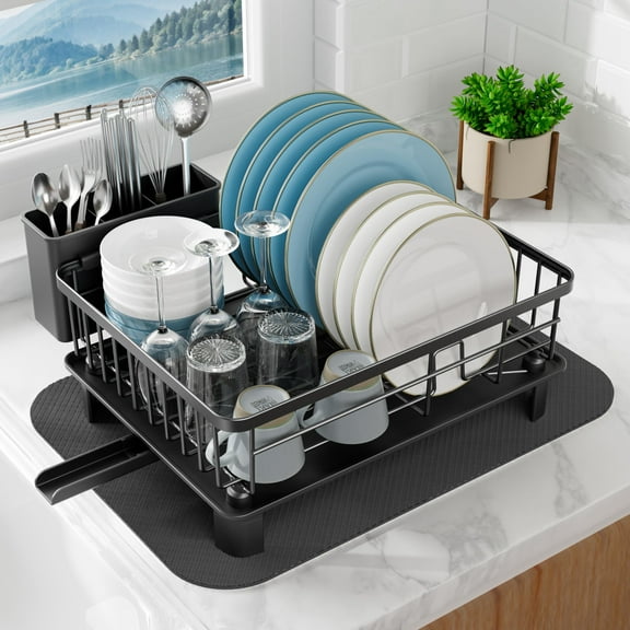 NIFFGAFF Dish Drainer Black, Stainless Steel Dish Rack with Quick-Drying Drying Mat, Drying Rack for Crockery