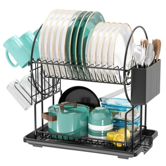NIFFGAFF Dish Drying Rack, Black 2 Tier Dish Drainer Racks with Tray, Cup Utensil Holder for Kitchen (15*9.3*14.6 in)