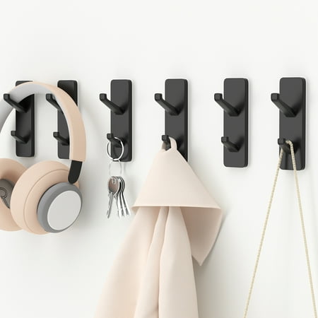 NIFFGAFF Easy Installation Adhesive Wall Mounted Sticky Hooks, Stainless Black, (6 Pack)