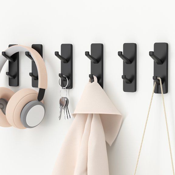 NIFFGAFF Easy Installation Adhesive Wall Mounted Sticky Hooks, Stainless Black, (6 Pack)