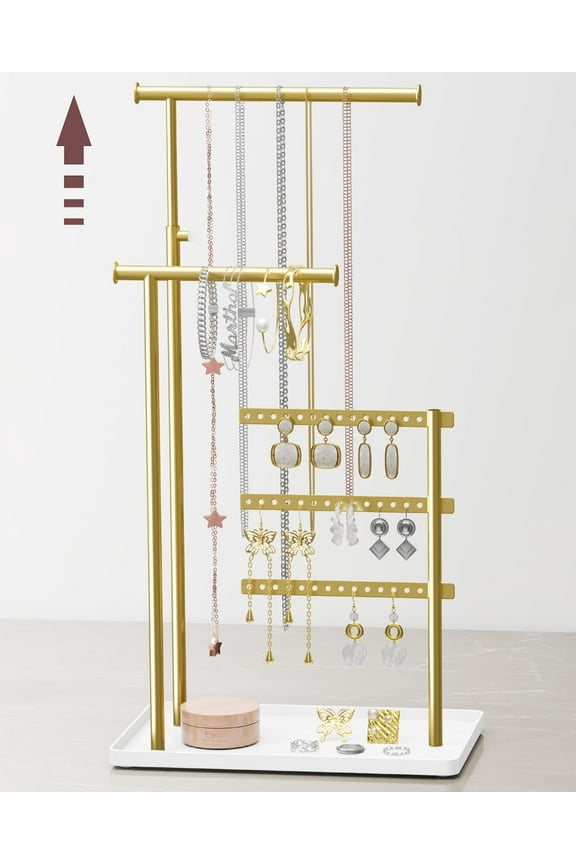 Jewelry Holder Organizer Stand - Adjustable Tall 17.5" (Max), Sturdy Jewelry Hanger for Necklaces, Earrings, Bracelets, Rings, Jewlery Display and Storage, Gold