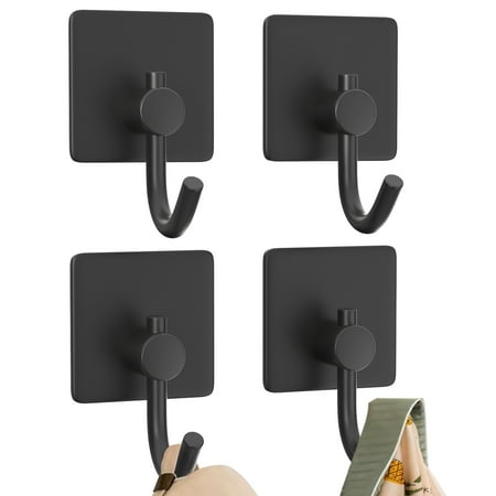 NIFFGAFF Rustproof Self-Adhesive Wall Hooks, Stainless Steel Black, (4 Pack)