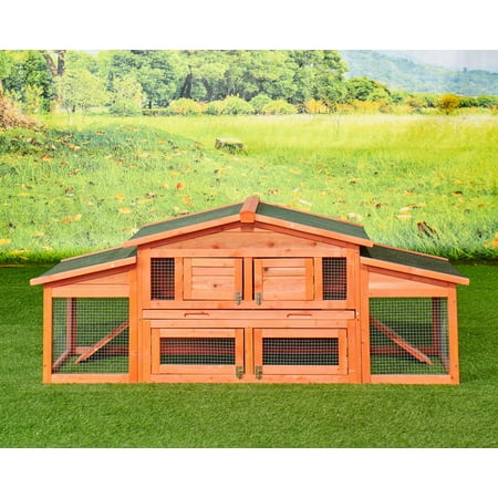 NIFFPD 71" Large Wooden Rabbit Hutch Small Animal House, Fir Wood Chicken Coop, Outdoor Bunny Rabbit Hutch Hen Cage with Removable Tray & Ramp with 2 Run Play Area natural wood color