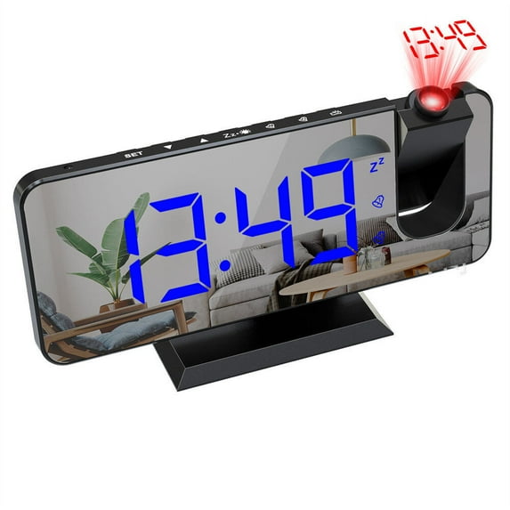 NIFFPD Digital Alarm Clock Projection Alarm Clock LED Alarm Clock for Bedrooms with USB Charger Port, 360° Projector,Dimmer,12/24H & DST,7.5" Dual Loud Alarm Clock for Heavy Sleeper Blue
