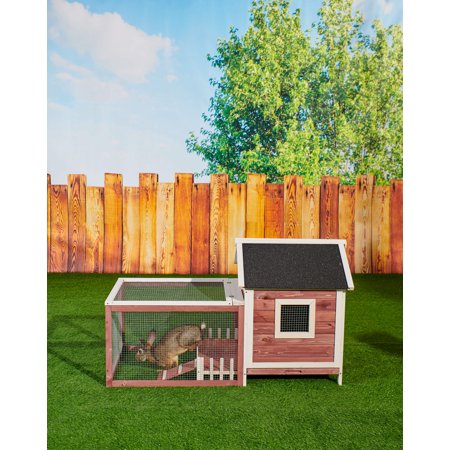 NIFFPD Fir Wood Chicken Coop, Large Wooden Outdoor Bunny Rabbit Hutch Hen Cage with Ventilation Door, Removable Tray & Ramp Cage White Picket Fence Pet House Auburn