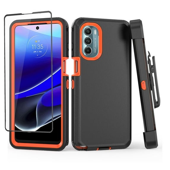 NIFFPD Moto G Stylus 5G 2022 Case with Screen Protector Full Body Shockproof Phone Cover with Belt-Clip Holster Black&Orange