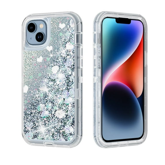 NIFFPD Phone Case iPhone 14 Plus Bling Glitter Quicksand Sparkle Clear & Shockproof Protective Cover iPhone 14 Plus 6.7" Silver