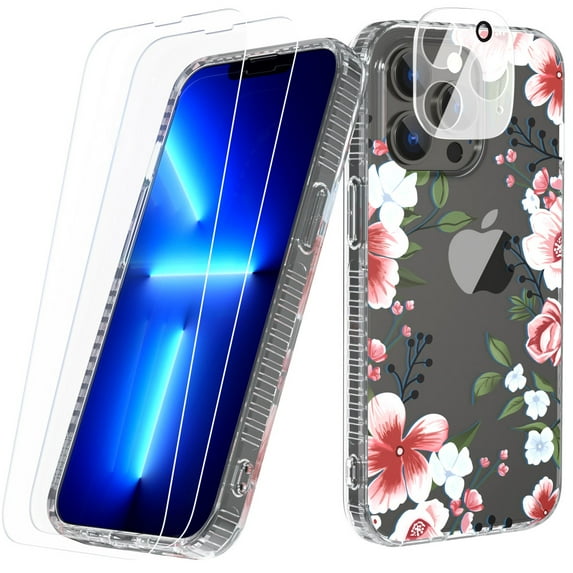 NIFFPD Phone iPhone 13 Pro Max Case with Screen Protector+ Camera Lens Protector Soft & Flexible TPU Shockproof Cover Case for Women Flower Pattern Design Phone Case