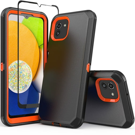 NIFFPD Samsung Galaxy A03 Case with Screen Protector Full-Body Shockproof Phone Case for Galaxy A03 Black&Orange