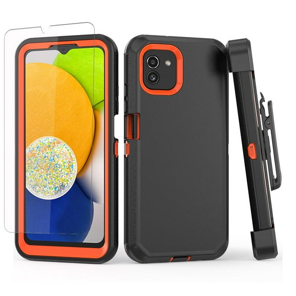 NIFFPD Samsung Galaxy A03 Case with Screen Protector Full-Body Shockproof Phone Case for Galaxy A03 with Belt-Clip Holster Black&Orange