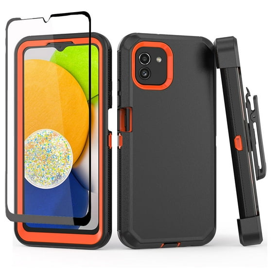 NIFFPD Samsung Galaxy A03 Case with Screen Protector Full-Body Shockproof Phone Case for Galaxy A03 with Belt-Clip Holster Black&Orange
