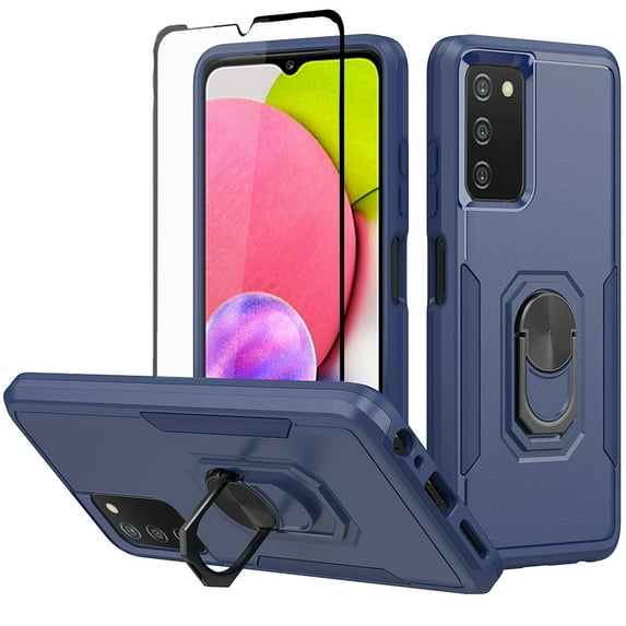 NIFFPD Samsung Galaxy A03S Case with Screen Protector (Black Border) Shockproof Phone Cover Case with Ring Kickstand Blue