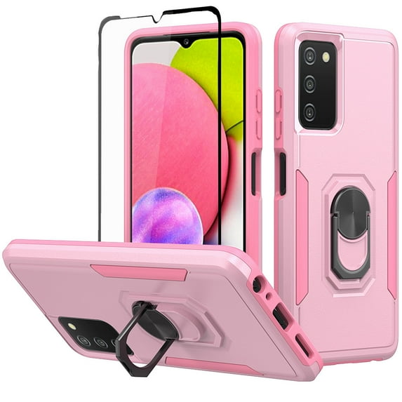 NIFFPD Samsung Galaxy A03S Case with Screen Protector (Black Border) Shockproof Phone Cover Case with Ring Kickstand Pink