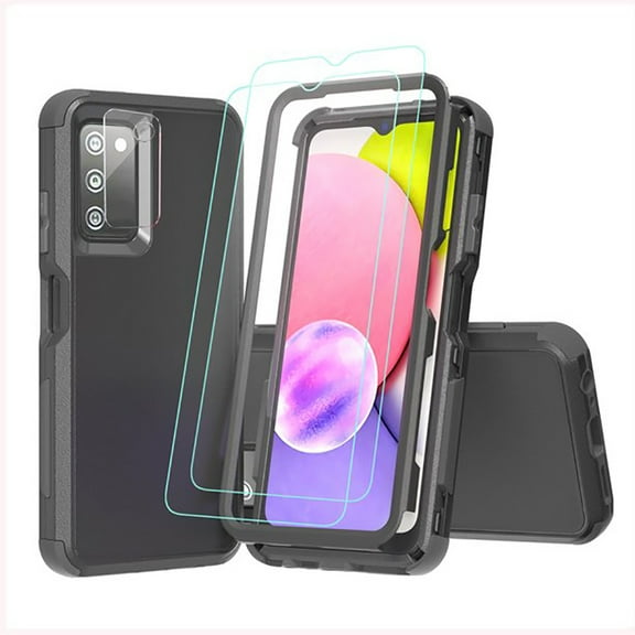 NIFFPD Samsung Galaxy A03S Case with Screen Protector + Camera Lens Protector Tough Rugged Shockproof Protective Phone Cover for Galaxy A03S Black