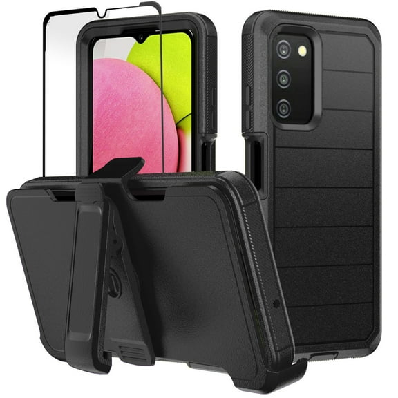 NIFFPD Samsung Galaxy A03S Case with Screen Protector Tough Rugged Shockproof Protective Phone Case with Belt-Clip Holster Black