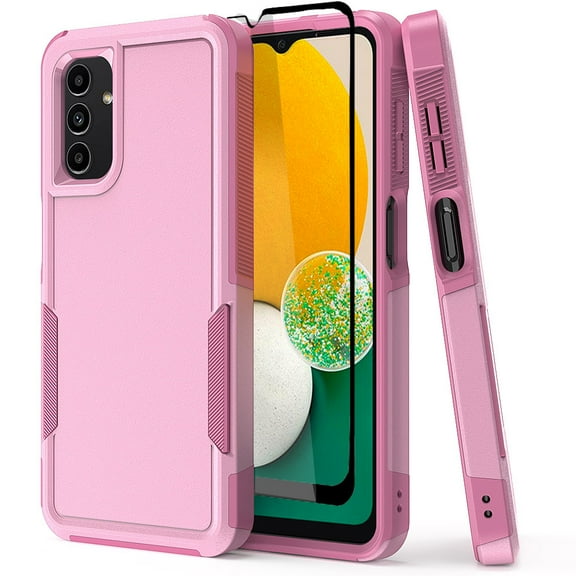 NIFFPD Samsung Galaxy A13 5G Case with Screen Protector (Black Border) Tough Rugged Shockproof Protective Phone Case for Galaxy A13 5G Pink