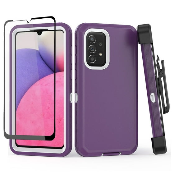 NIFFPD Samsung Galaxy A33 5G Case with Screen Protector Full-Body Shockproof Phone Case for Galaxy A33 5G with Belt-Clip Holster Purple&White