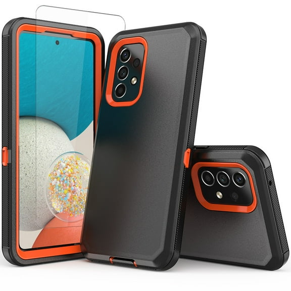 NIFFPD Samsung Galaxy A53 5G Case with Screen Protector Full-Body Shockproof Phone Case for Galaxy A53 5G Black&Orange