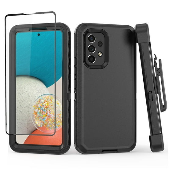 NIFFPD Samsung Galaxy A53 5G Case with Screen Protector Full-Body Shockproof Phone Case for Galaxy A53 5G with Belt-Clip Holster Black